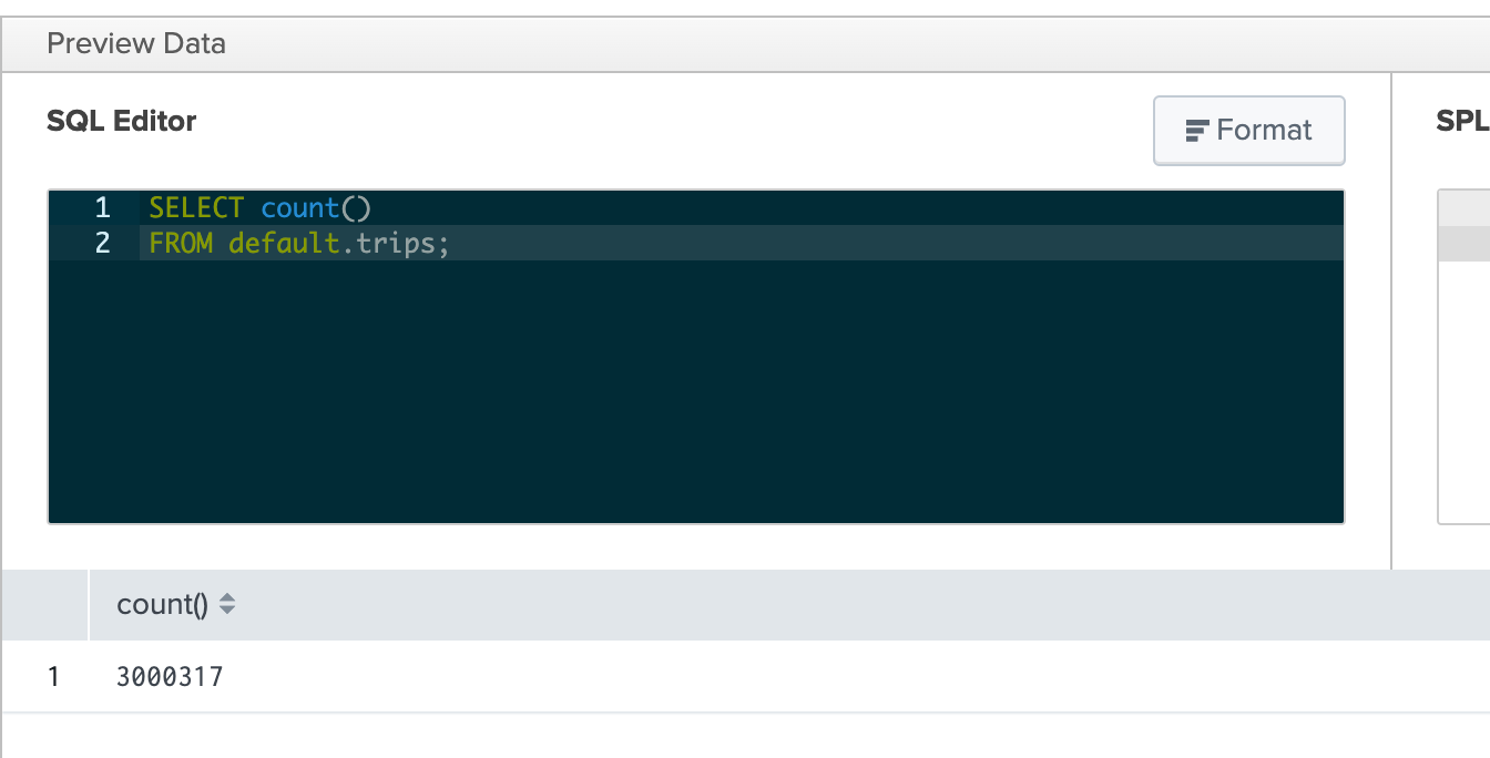 Выполнение SQL-запроса в Splunk, показывающее количество записей в таблице trips
